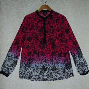 Nicole by Nicole Miller Ombre Pink Sheer Black Floral Button Up Collar Blouse L
